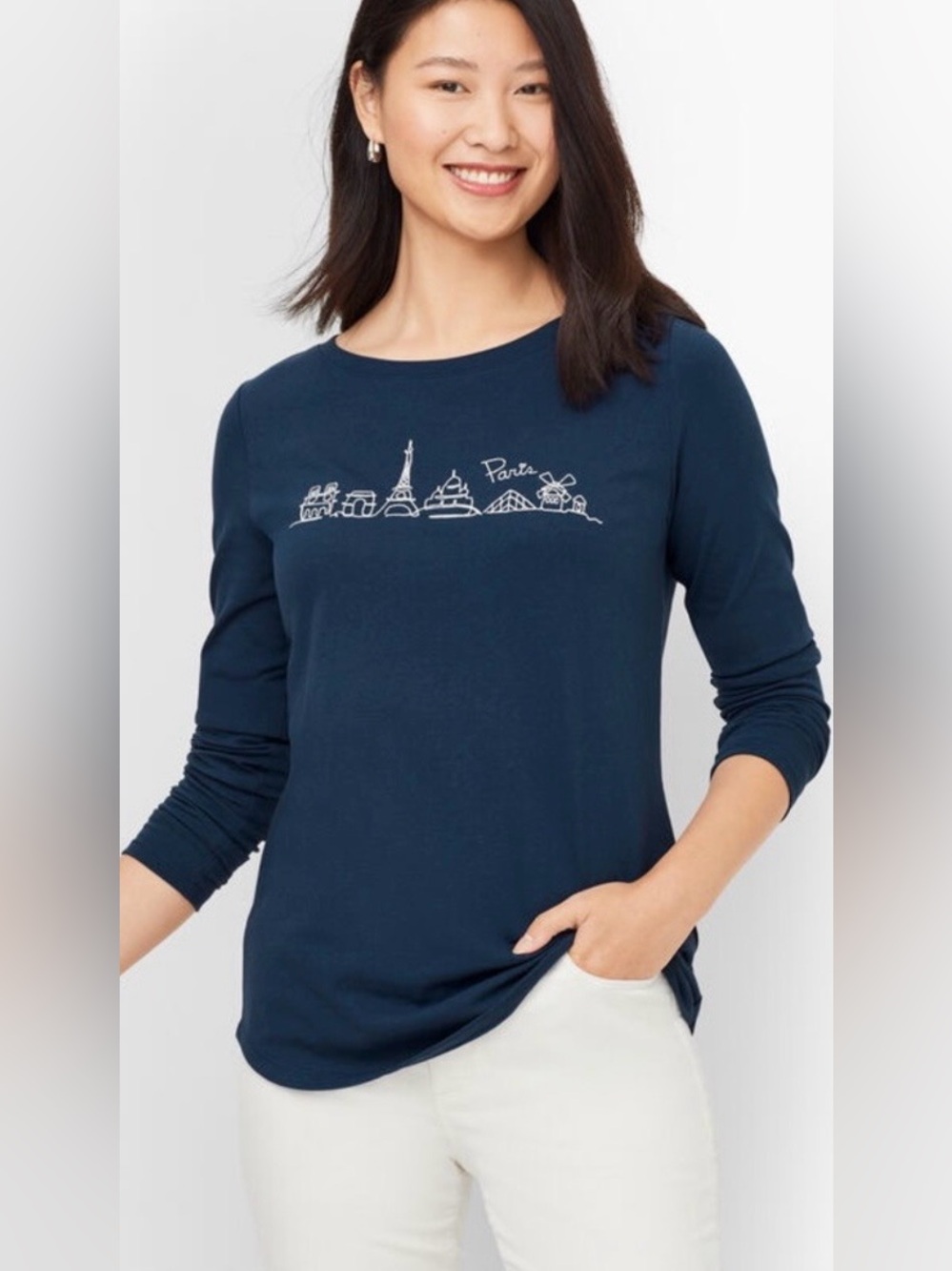 Talbots Paris Graphic Long Sleeve Tee Navy Blue 100% Cotton Large Preppy Chic